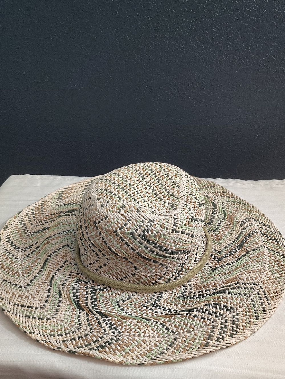 Roxy Natural Straw Boho Floppy Sun Hat with Green and Black Weave